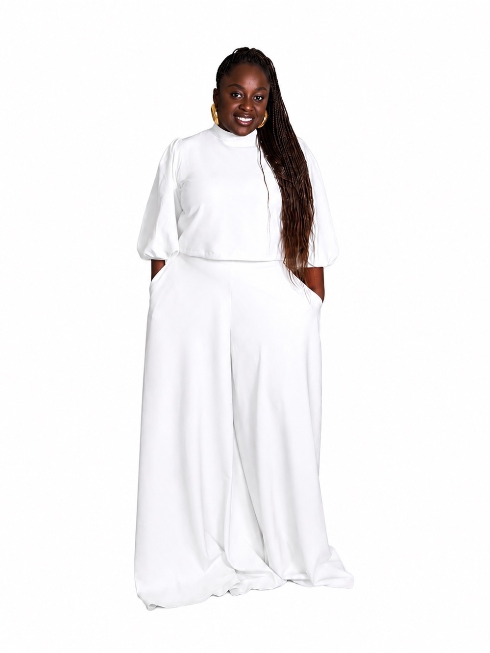 Solid crop top and palazzo pants set - white